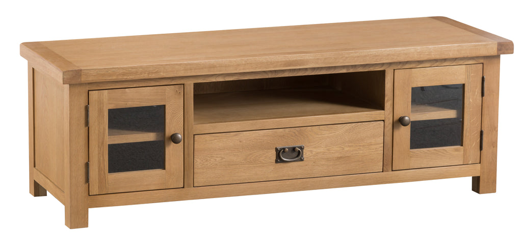 Oakhampton Oak Wide Glazed Door TV Cabinet with Drawer